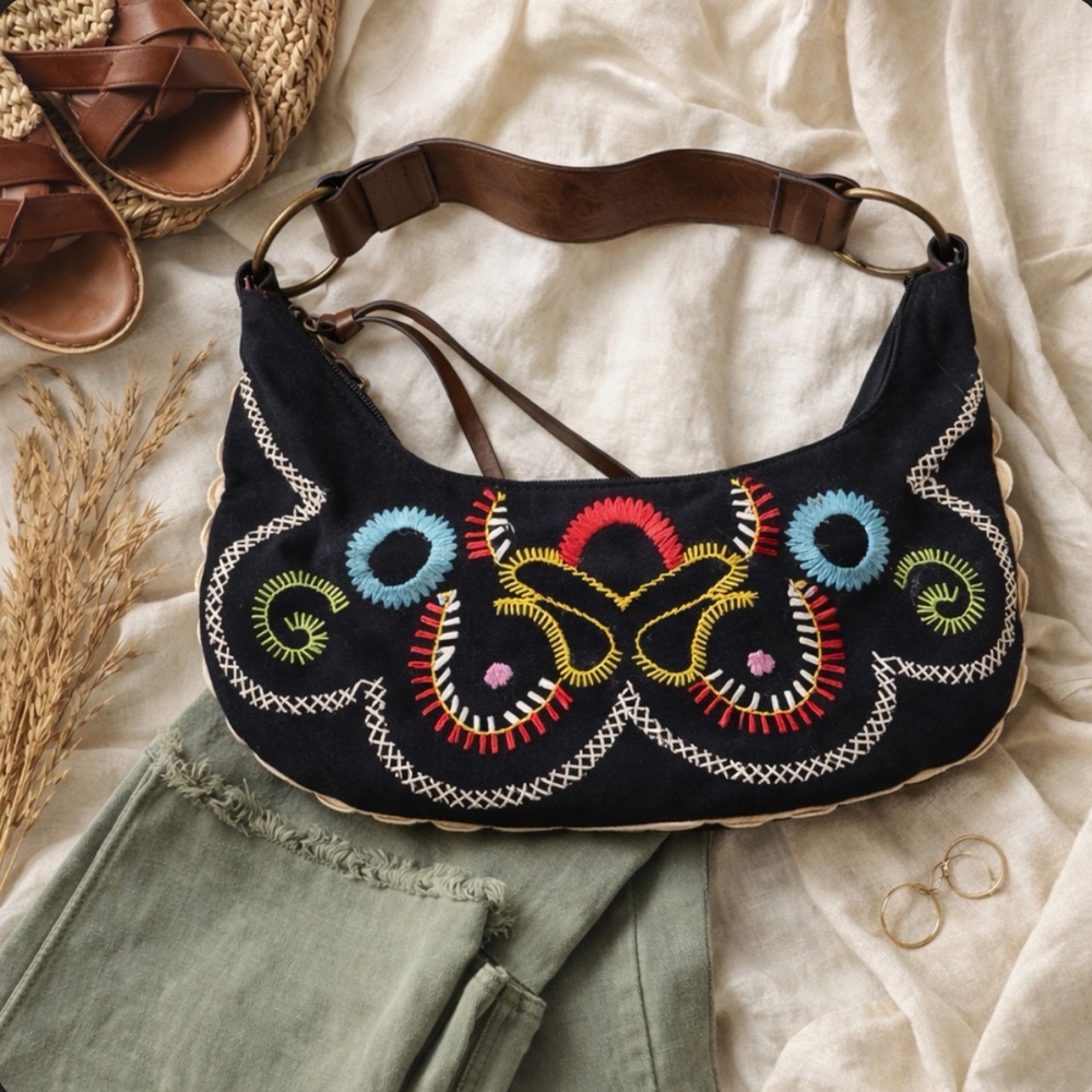 Vintage Black Embroidered Crescent Shoulder Bag with Brown Strap